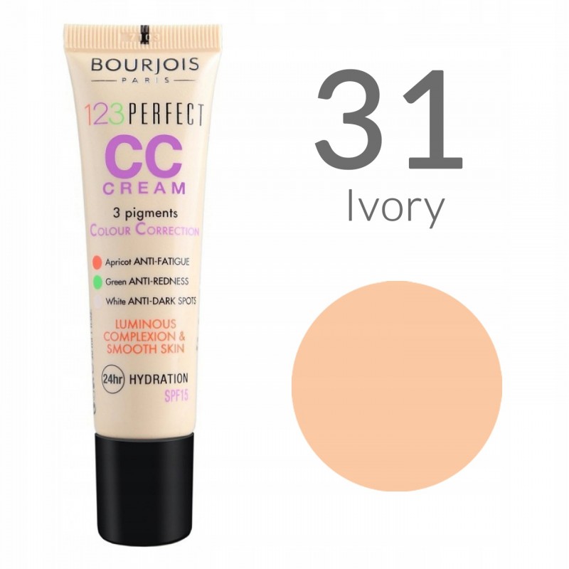 Тональная основа с цветокоррекцией без масла, которая увлажняет кожу 24 часа 1,2,3 PERFECT CC CREAM № 31 IVORY Bourjois